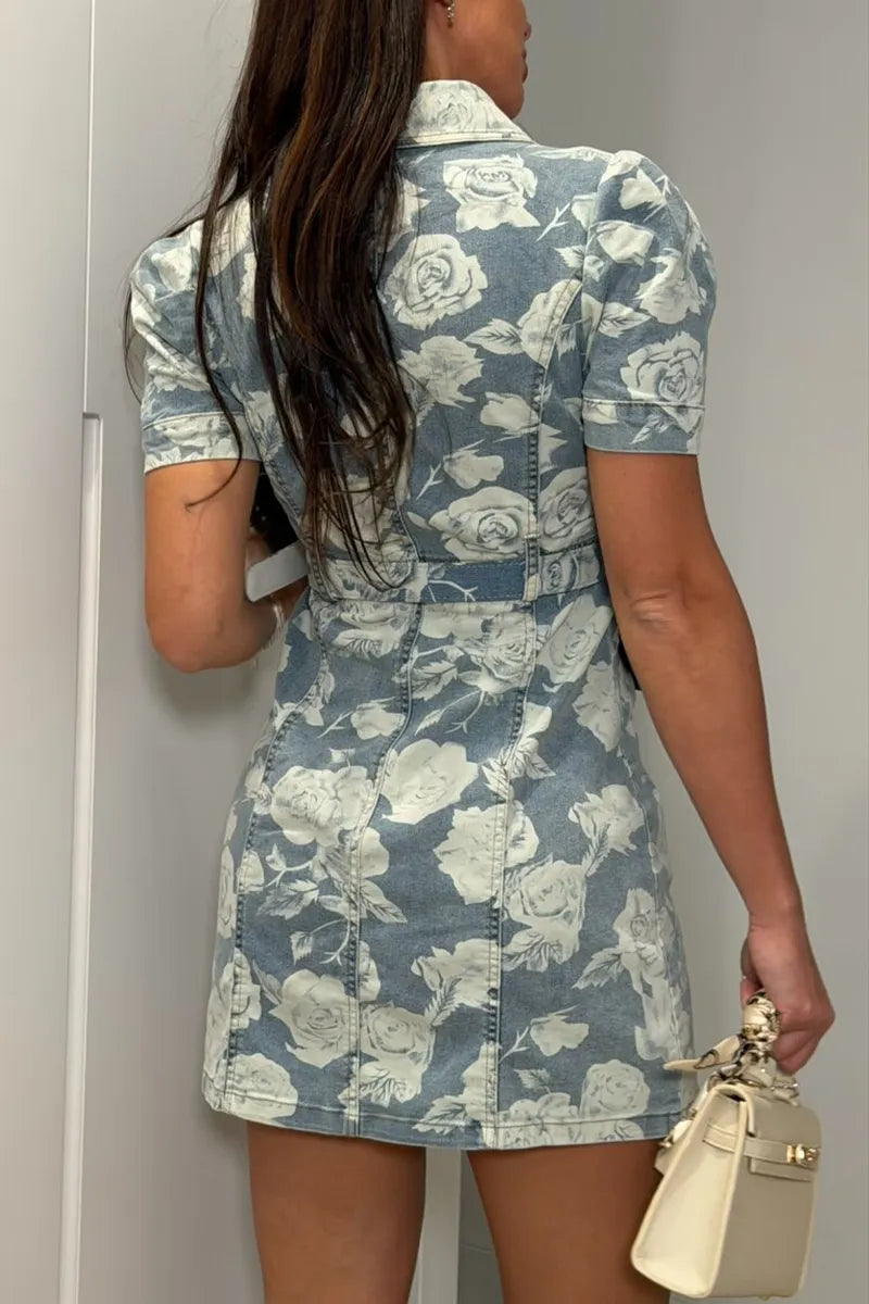 Women Collar Print Buckle Elegant Casual Denim Dress