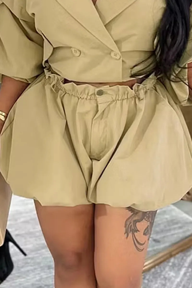 Women's Lapel Long Sleeve Cropped Commuter Top Or Loose Fit Tulip Hem Shorts