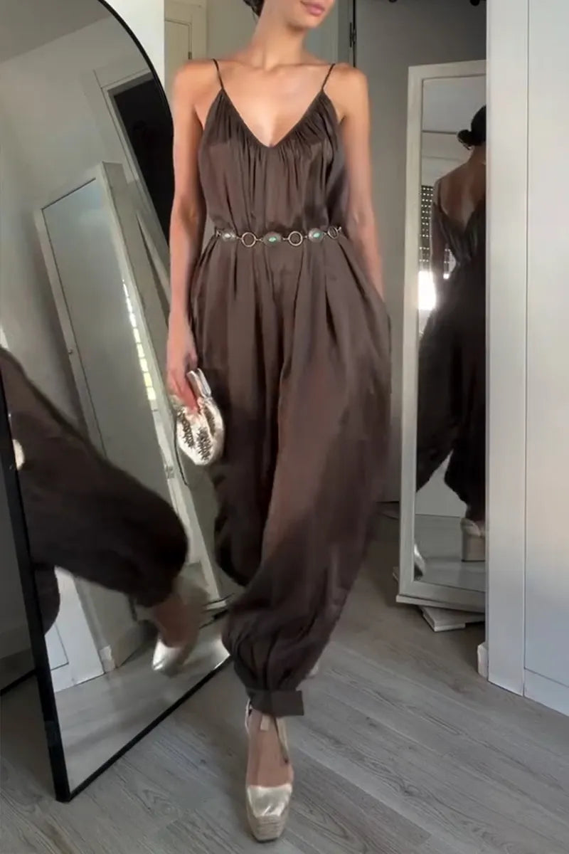 Women's Casual Wide Leg Data Loose Strappy Jumpsuit