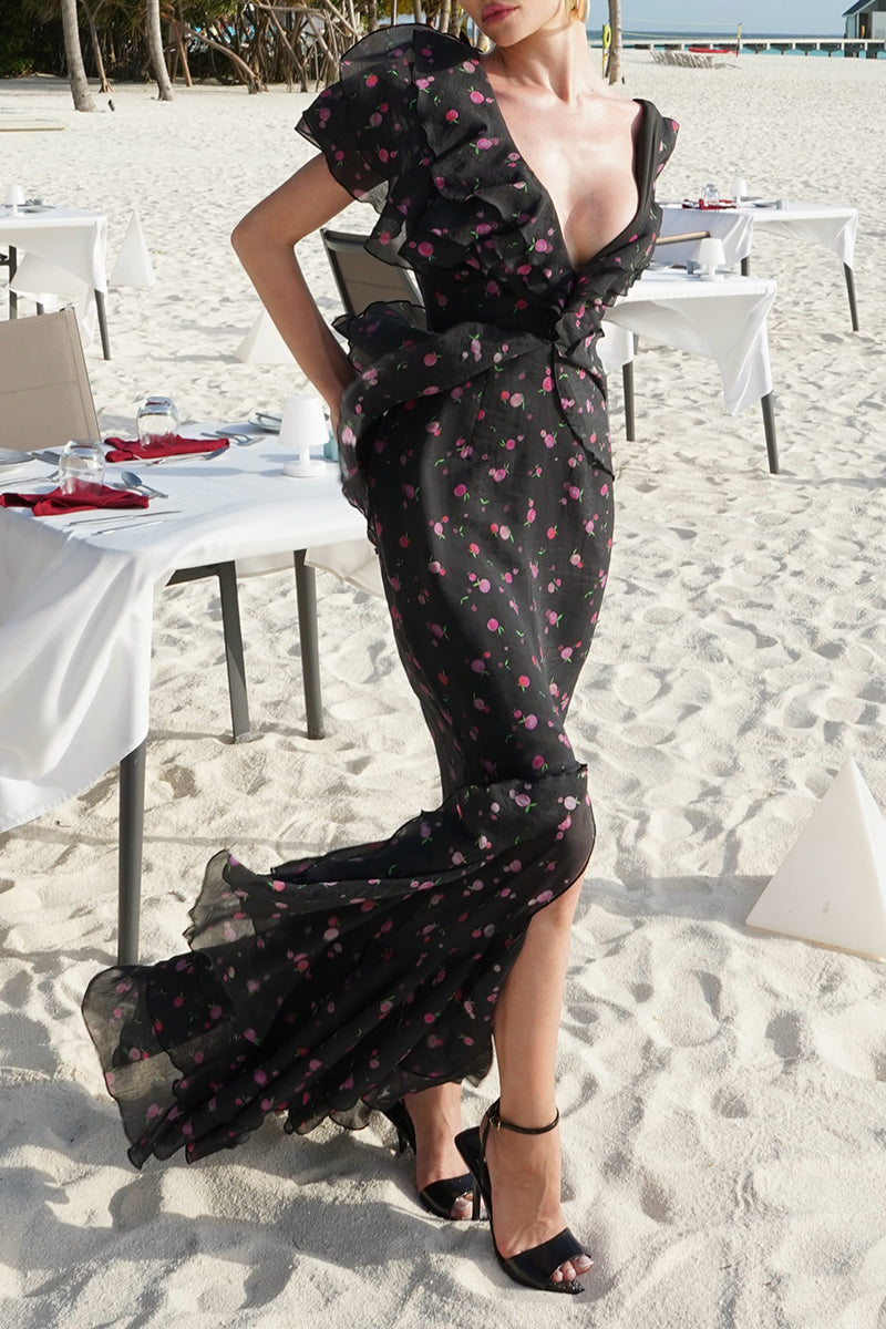 Women's Elegant Vacation Print Tiered Ruffle Hem Maxi Dress