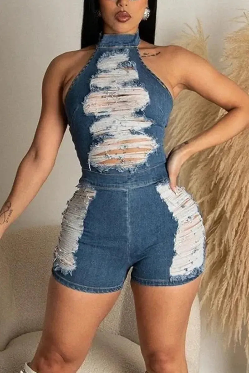 Hot Selling Women's Casual Ripped Denim Short Jumpsuit