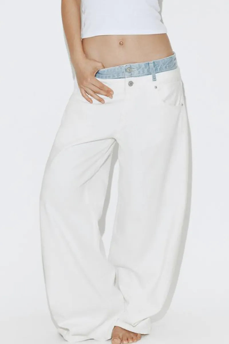 Women's Casual Color Blocked Wide Leg Jeans With Pockets