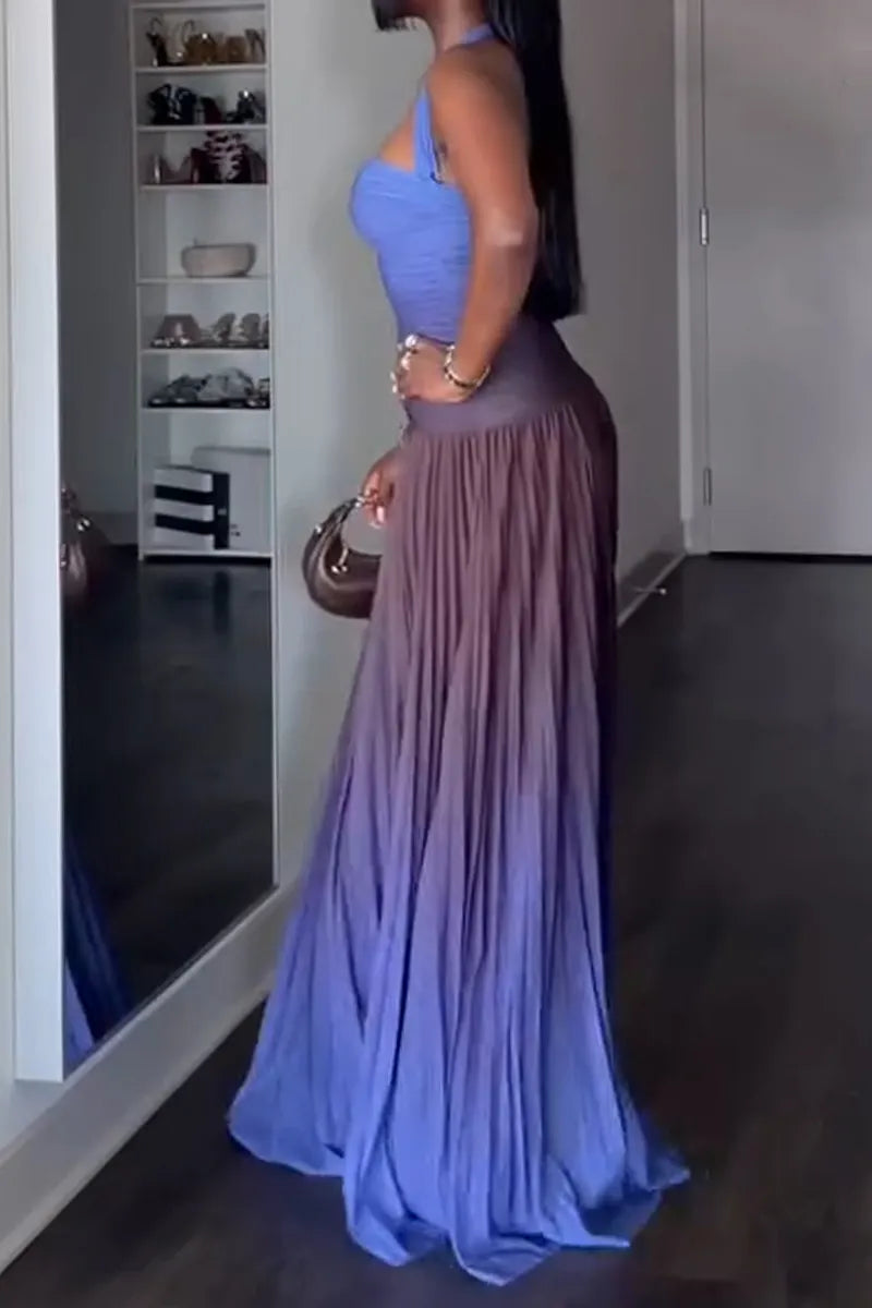 Women Neck Hanging Slim Fitting Gradient Patchwork Pleated Elegant Temperament Dress