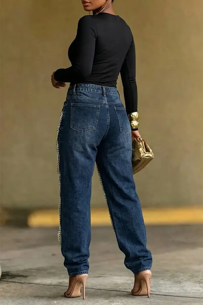 Women's Fashion High Waist Chain Cutout Baggy Jeans