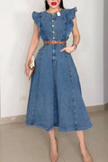 Women's Elegant Flounce Sleeve Waist Defined Denim Dress