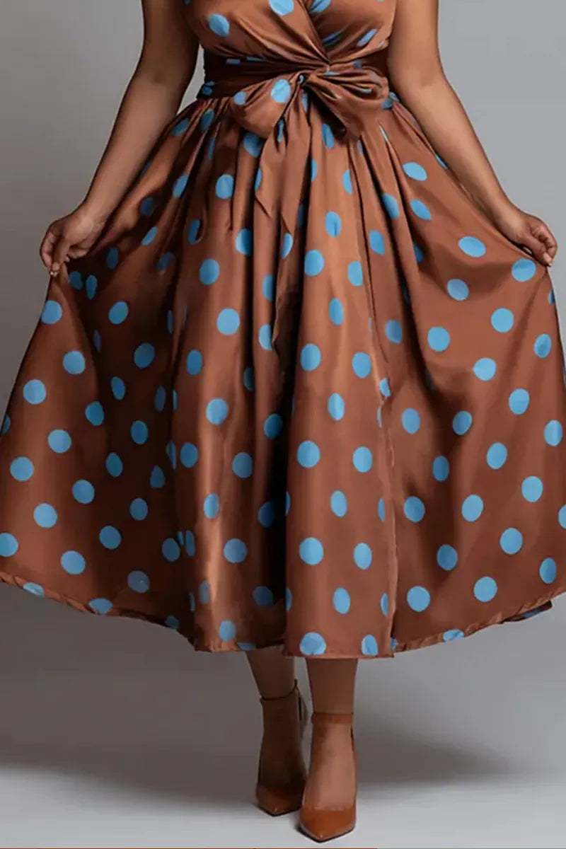 Ladies' Elegant Party Brown Polka Dot Wrapped Collar Pocket Satin Mid Length Skirt
