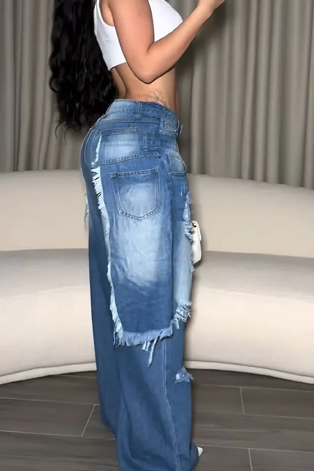 Fashion Ripped Washed Double Layer Panel Jeans