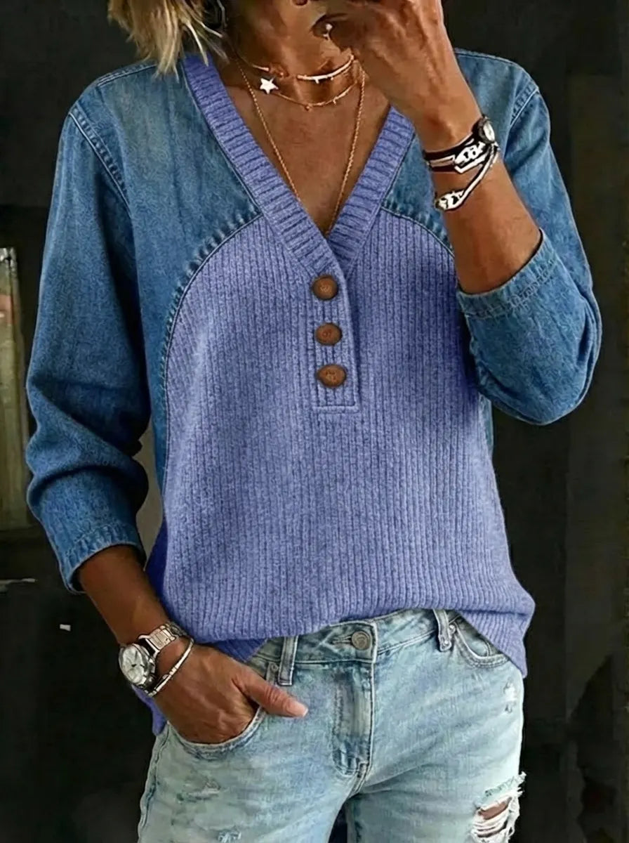 Women's Retro Casual Denim And Cotton Knit Sweater