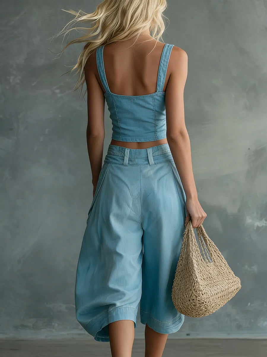 Women's Square-neck Sleeveless Loose-fit Denim Top & High-waisted Wide-leg Jeans Set