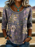 Women's Vintage Floral Print Casual Hollow-Out Denim Shirt