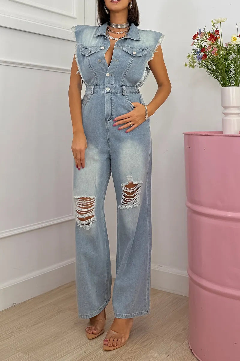 Women's Button-Front Denim Jumpsuit with Frayed Cap Sleeves & Belted Waist