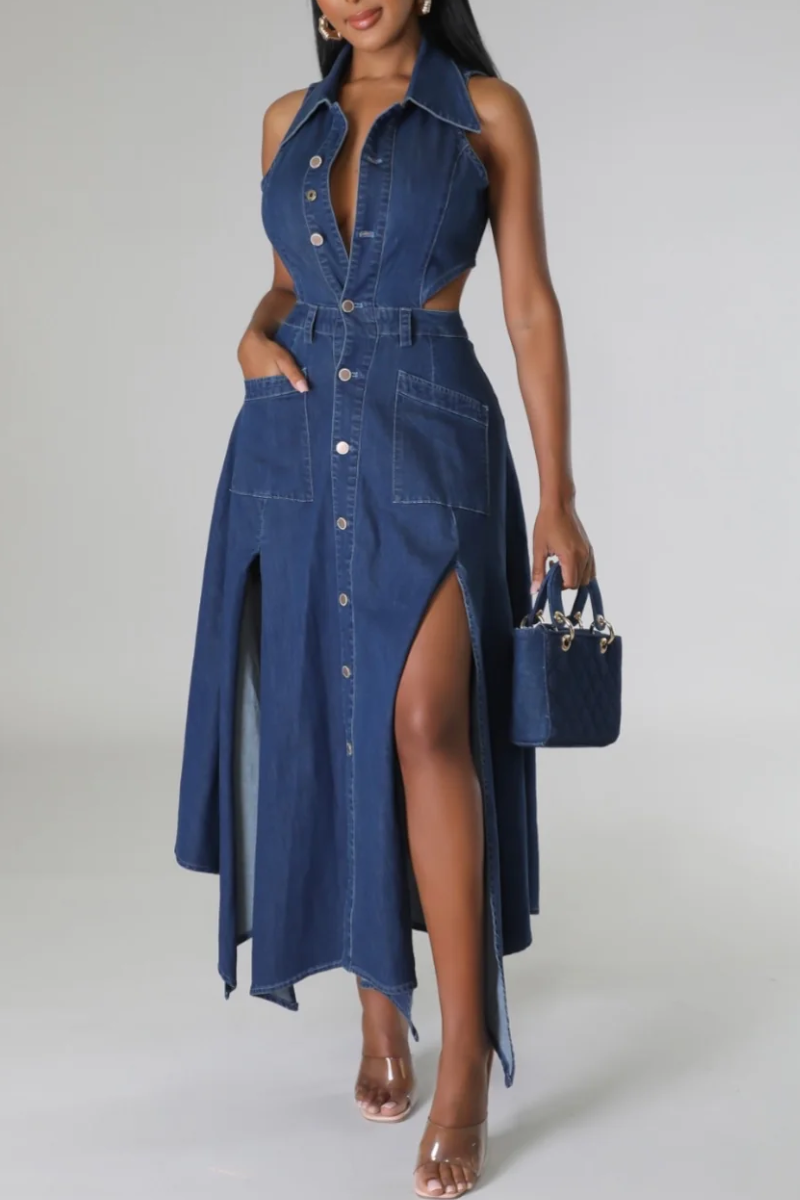 Women's Fashion Streetwear Style Denim Halter Neck Open Front Maxi Dress