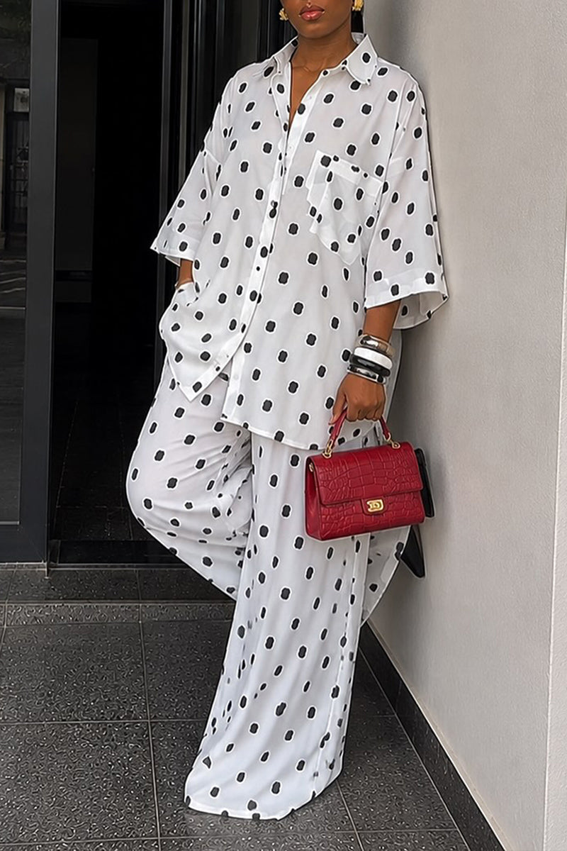 Women's Casual Loose Polka Dot Shirt Wide Leg Pants Two-Piece Set
