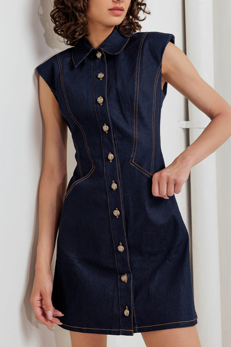 Women's Elegant Button Front Sleeveless Cropped Denim Dress