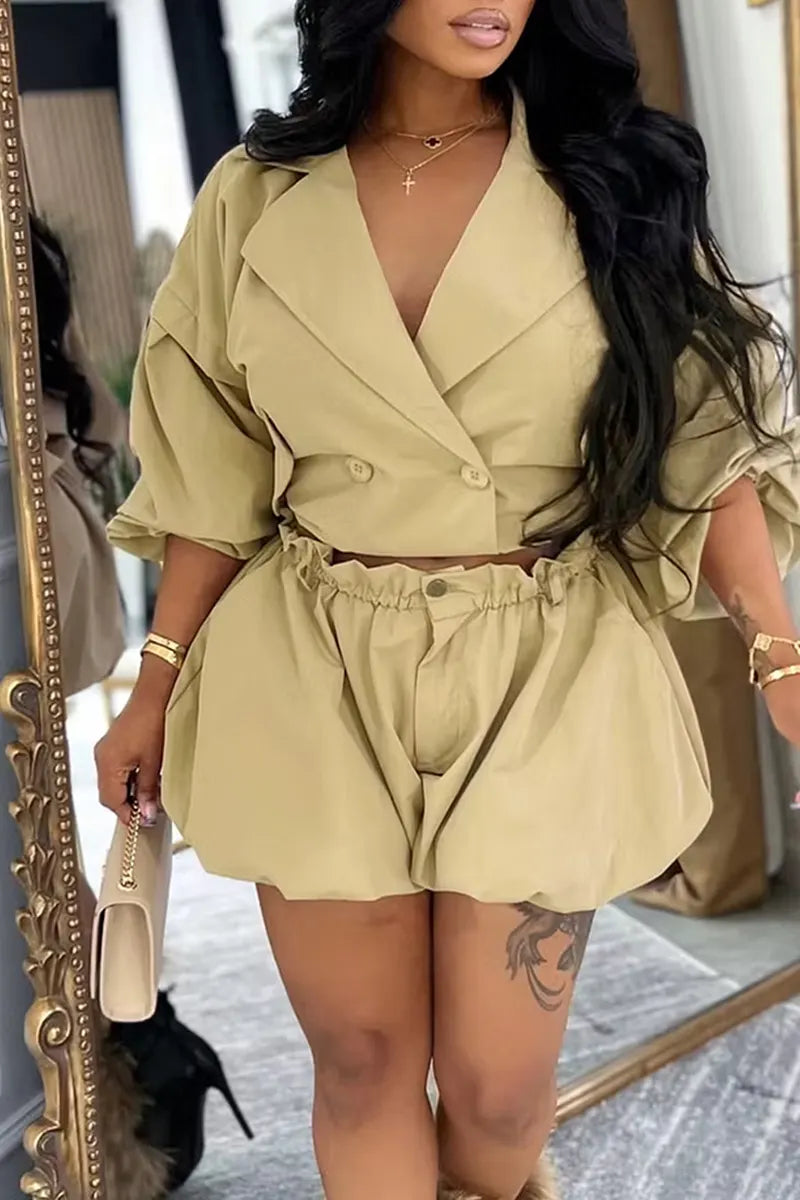 Women's Lapel Long Sleeve Cropped Commuter Top Or Loose Fit Tulip Hem Shorts