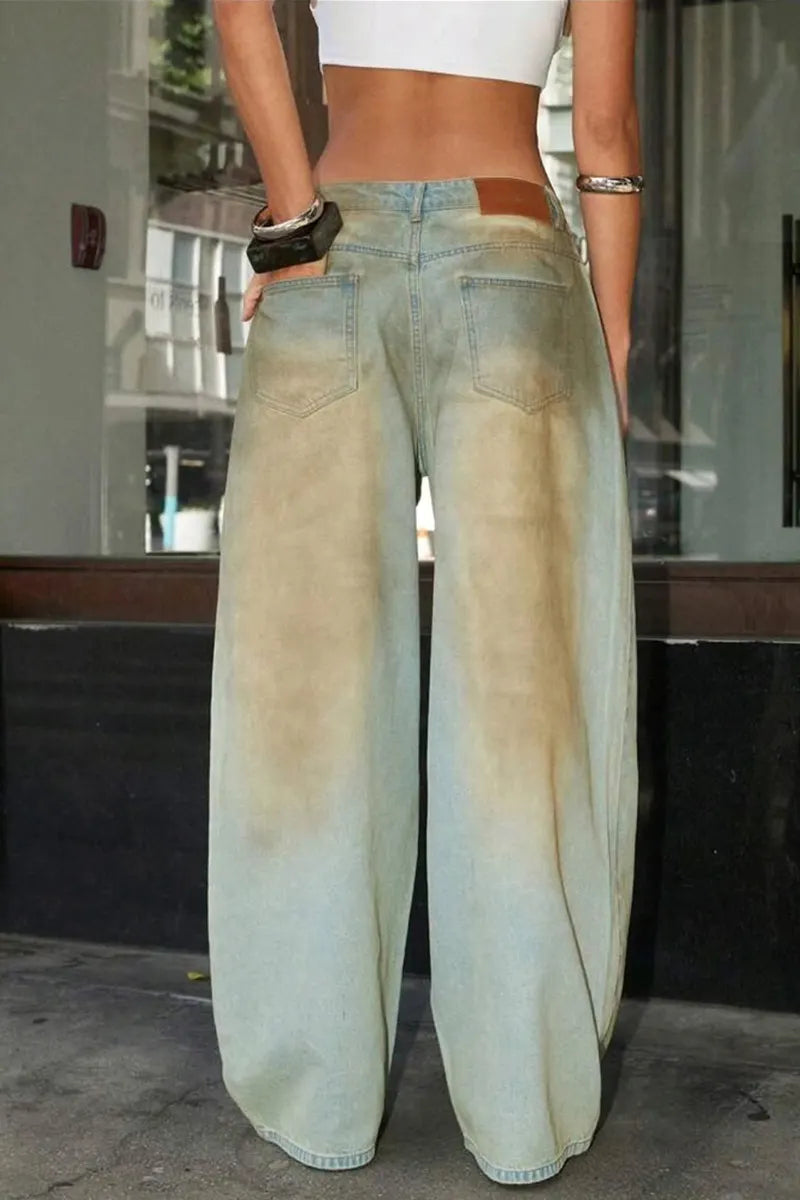 Women's Casual Distressed Wash Letter Print Wide Leg Jeans