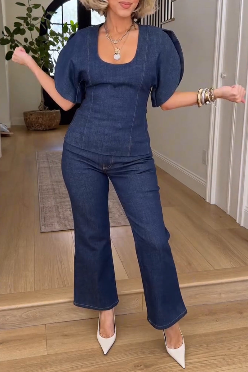 Women's Casual Curved Sleeve Denim Top or Ankle Jeans