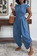 Women's Casual Wide Shoulder Hem Drawstring Denim Jumpsuit