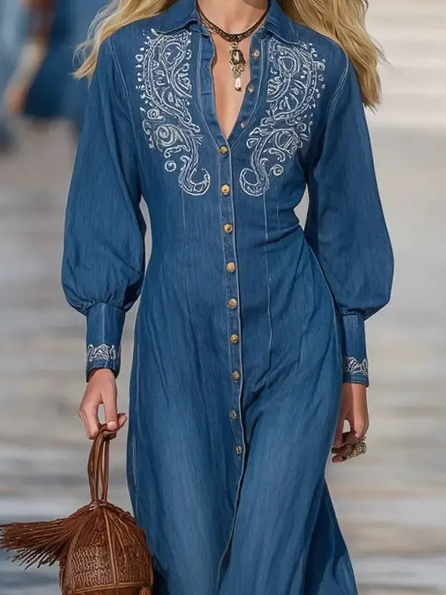 Women's Retro Floral Art Stylish Casual Button Denim Dress
