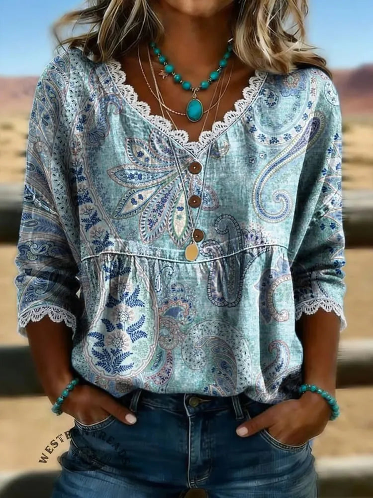 Women's Vintage Floral Print Casual Hollow-Out Denim Shirt