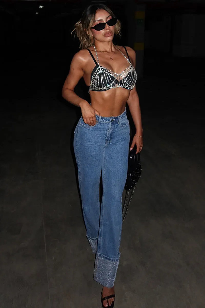 Women's Elegant Crystal High-Waist Jeans