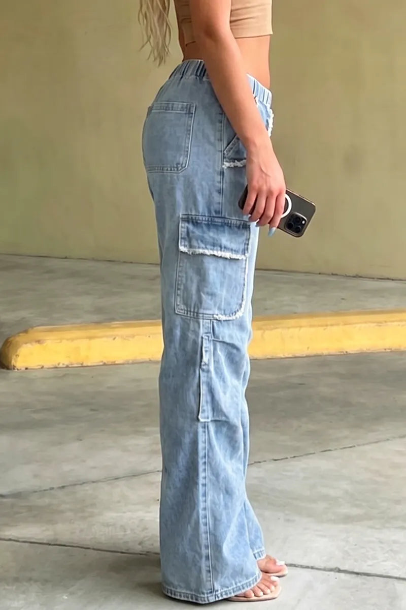 Women's Y2k Elastic Waistband Multi Pocket Wide Leg Jeans