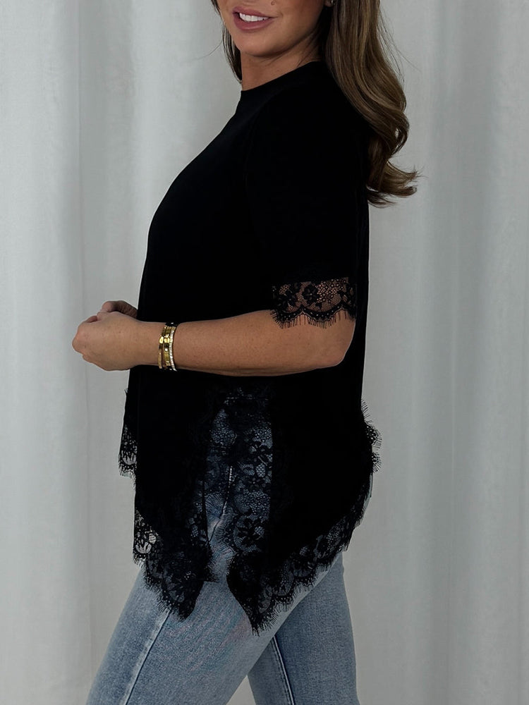 Women Round Neck Patchwork Lace Irregular Casual Top