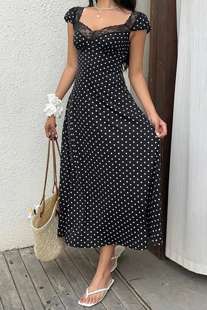 Women's Elegant Lace Patchwork Collar Polka Dot Dress