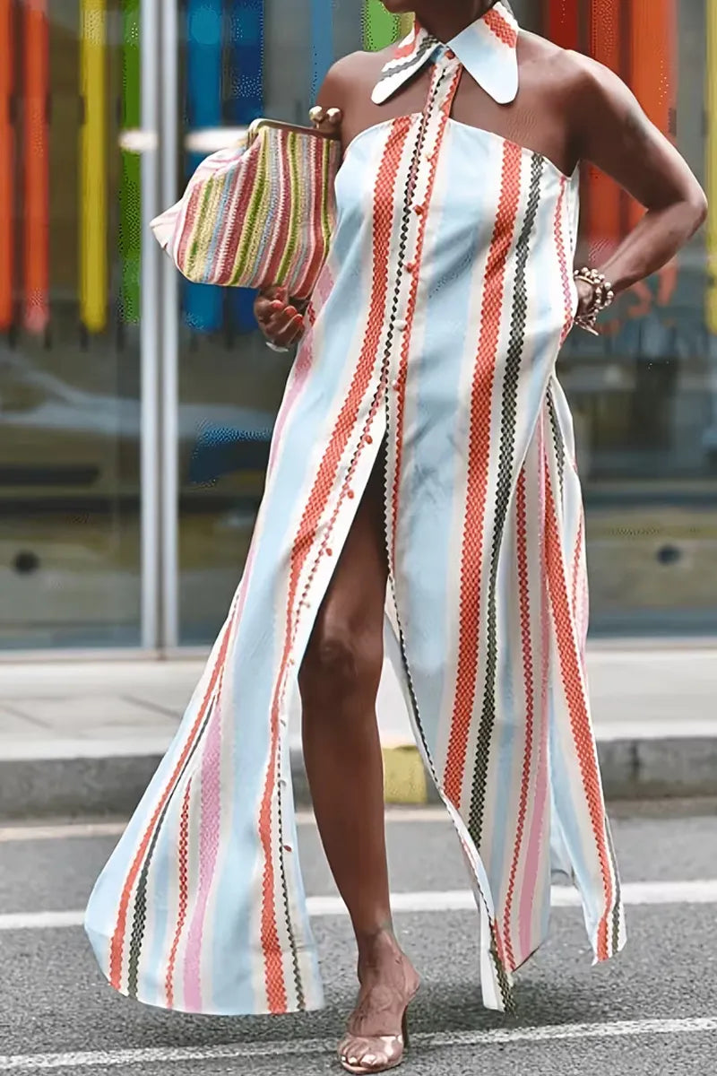 Women's Summer CasualHalter Collar Stripe Print High Slit Satin Maxi Dress