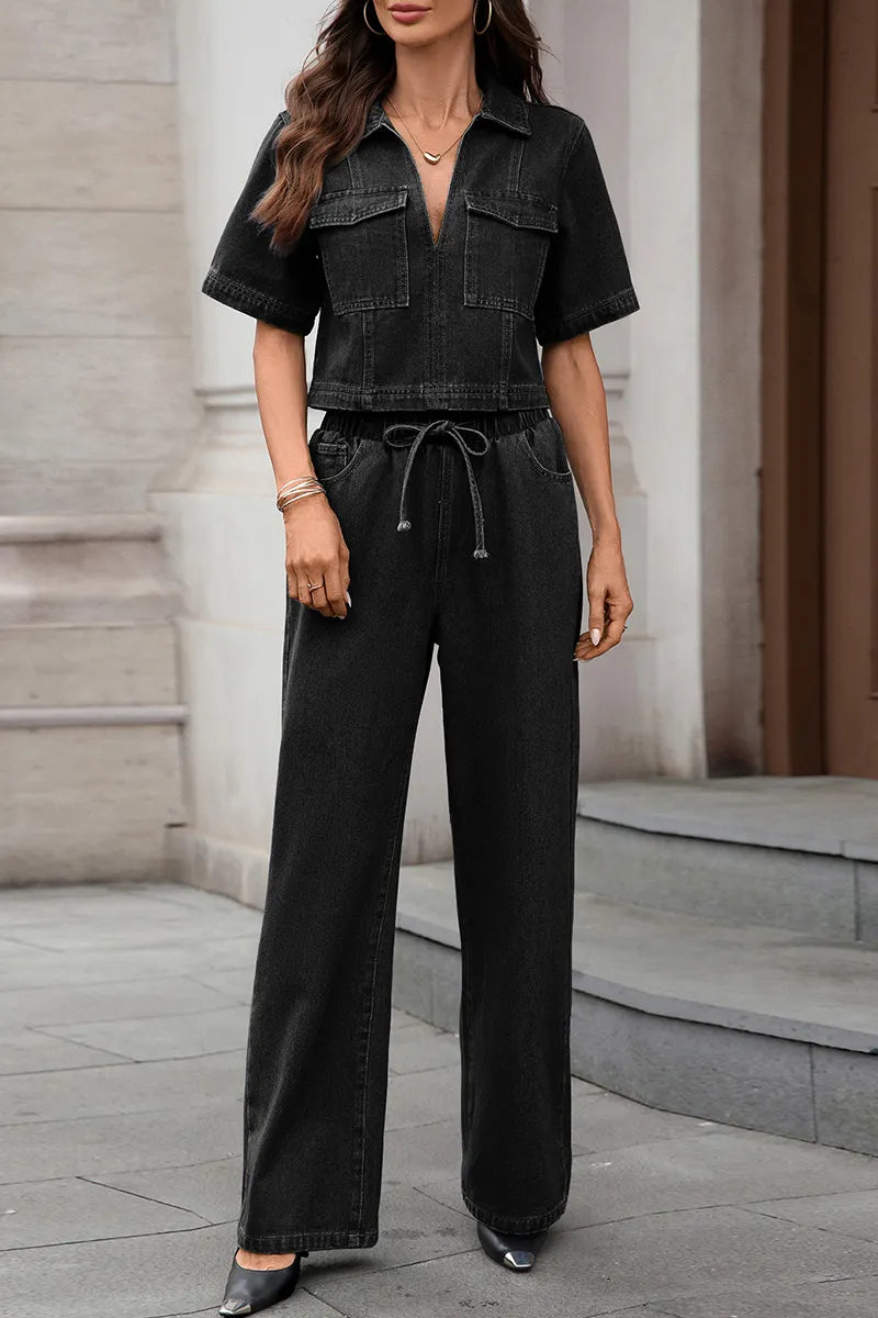 Women's Distressed Denim Cropped Vest + Tailored Jeans Sets