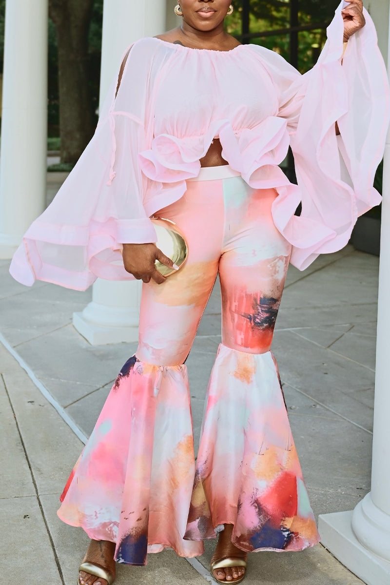 Women's Elegant Temperament Round Neck Patchwork Solid Color Top or Printed Patchwork Flared Pants