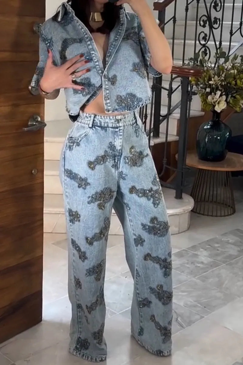 Women's Fashion Rhinestone Beads Loose Denim Top or Wide Leg Jeans