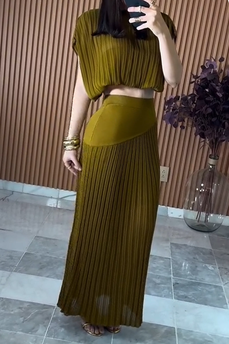 Women's Round Neck Top+ Patchwork Skirt Solid Color Elegant Casual Set