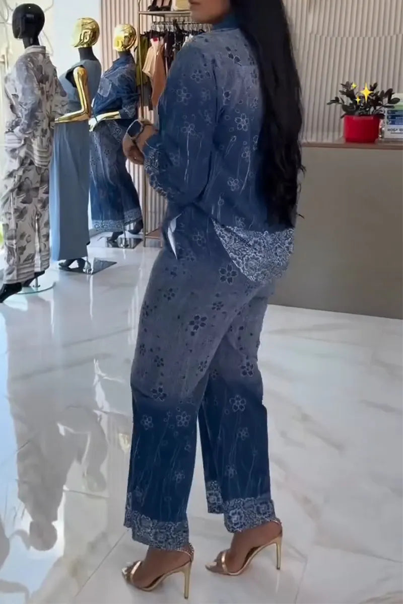 Women Collar Gradient Printed Shirt + Pants Casual Set