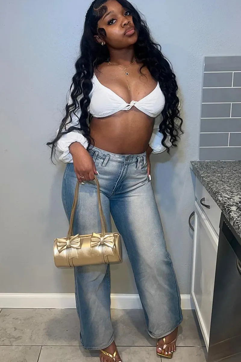 Fashionable Washed Denim Wide Leg Jeans For Women