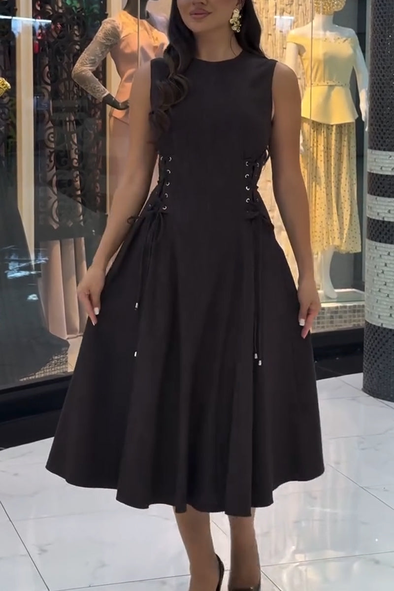 Women's Round-neck Sleeveless High-waisted Elegant Casual Denim Midi Dresses