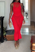 Women's Round Neck Patchwork Hollow Solid Color Elegant Temperament Dress