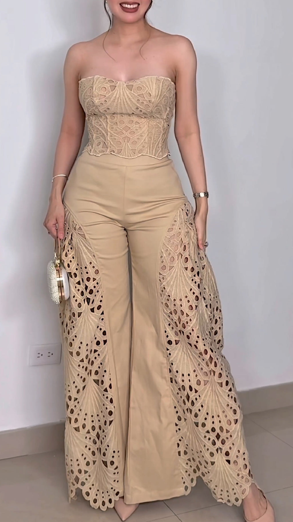 Beige Lace Cutout Strapless Corset & Wide-Leg Pants Set