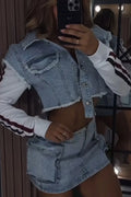Women's Light Wash Rhinestone Denim Cropped Jacket with Striped Sleeve Or Mini Skirt
