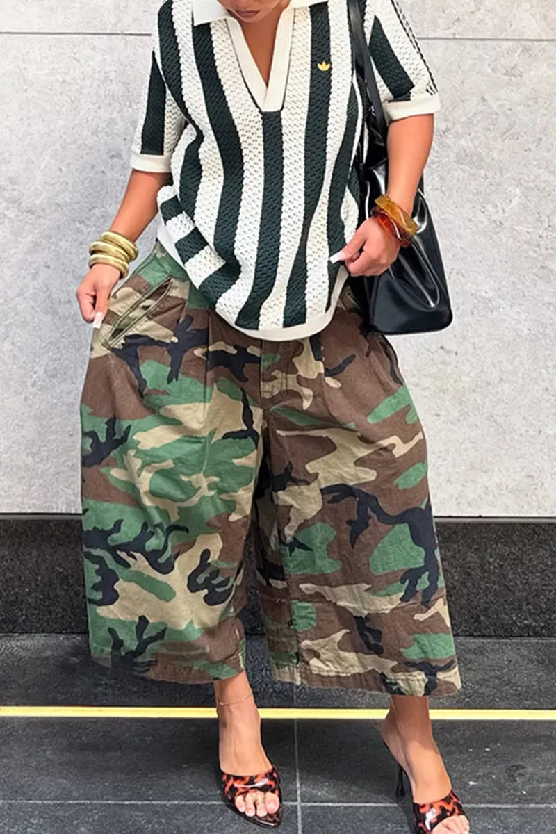 Women's Casual Retro Camouflage Wide Leg Pants