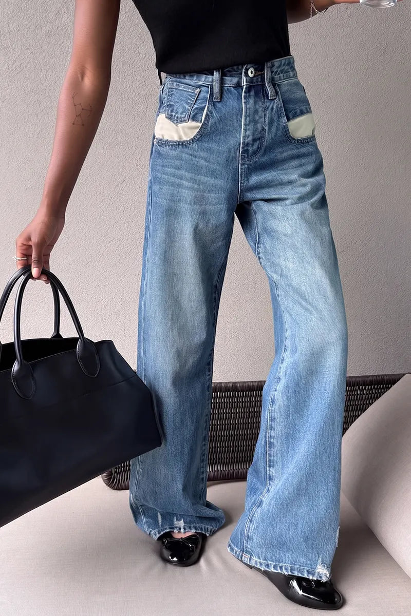 Women's Casual Wide Leg Jeans With Pocket Paneling