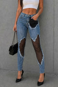 Women's Skinny Fit High Waist Denim Mesh Patch Ripped Light Blue Jeans