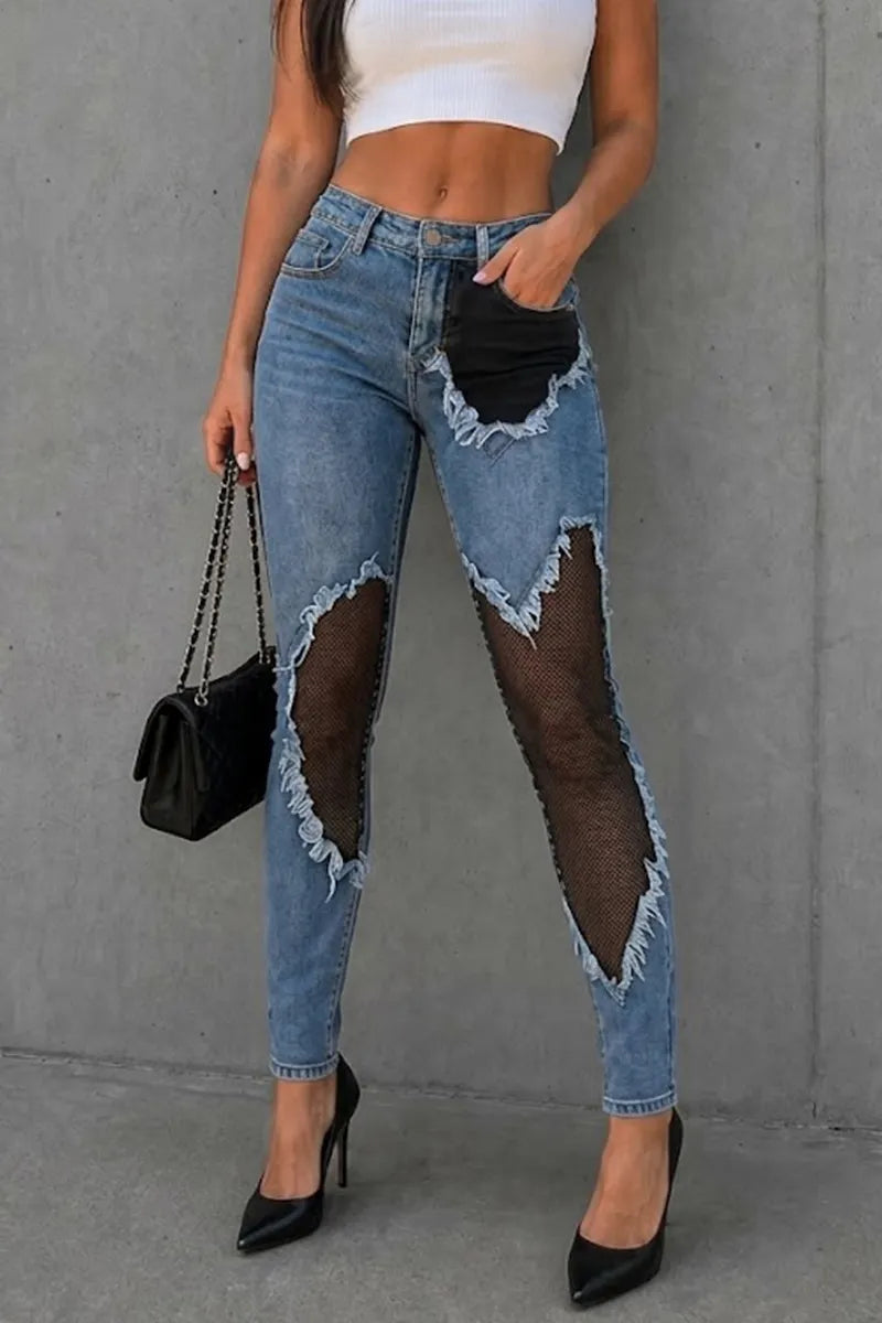 Women's Skinny Fit High Waist Denim Mesh Patch Ripped Light Blue Jeans