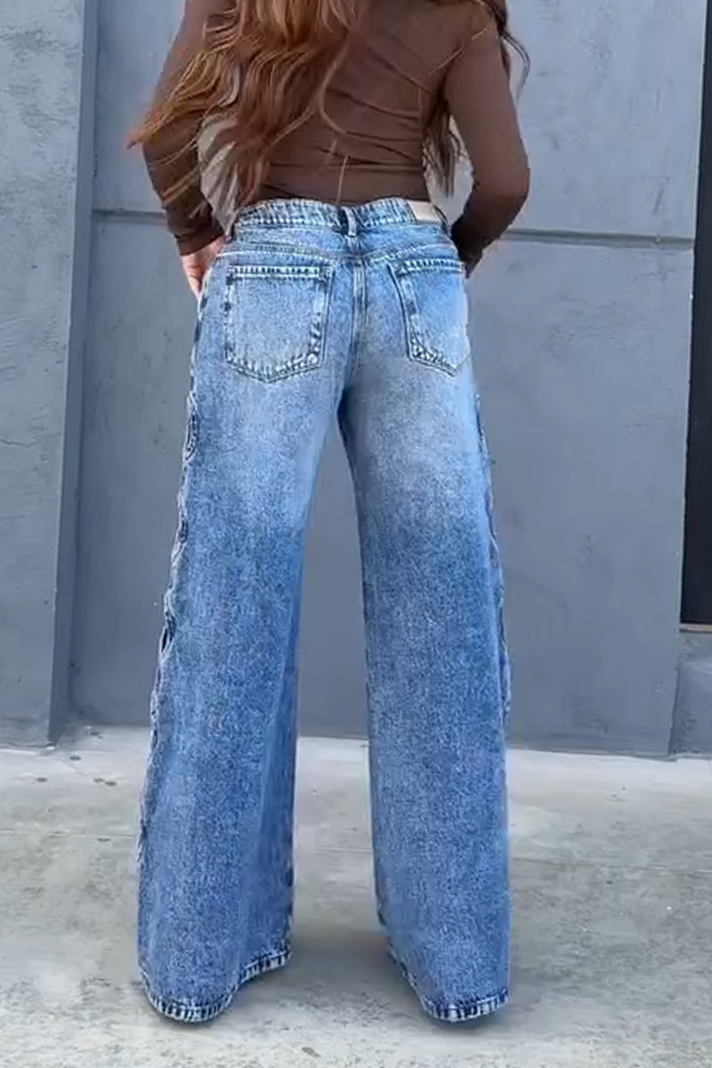 Women's Washed Side Hollowed Out Casual Wide Leg Jeans