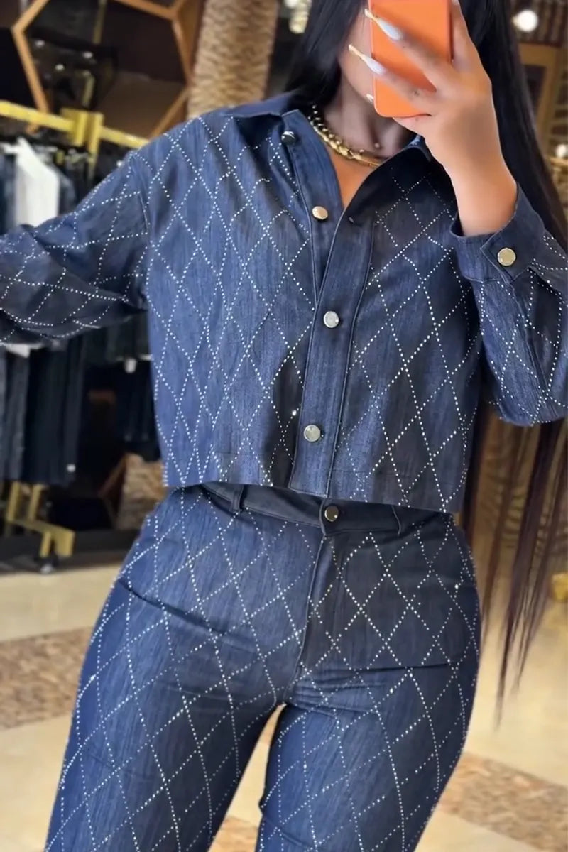 Women's Collar Rhinestone Denim Top or Jeans