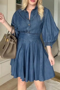 Women's Casual Puff Sleeve Waist Cinching Denim Mini Dress