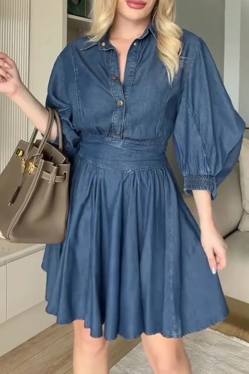 Women's Casual Puff Sleeve Waist Cinching Denim Mini Dress