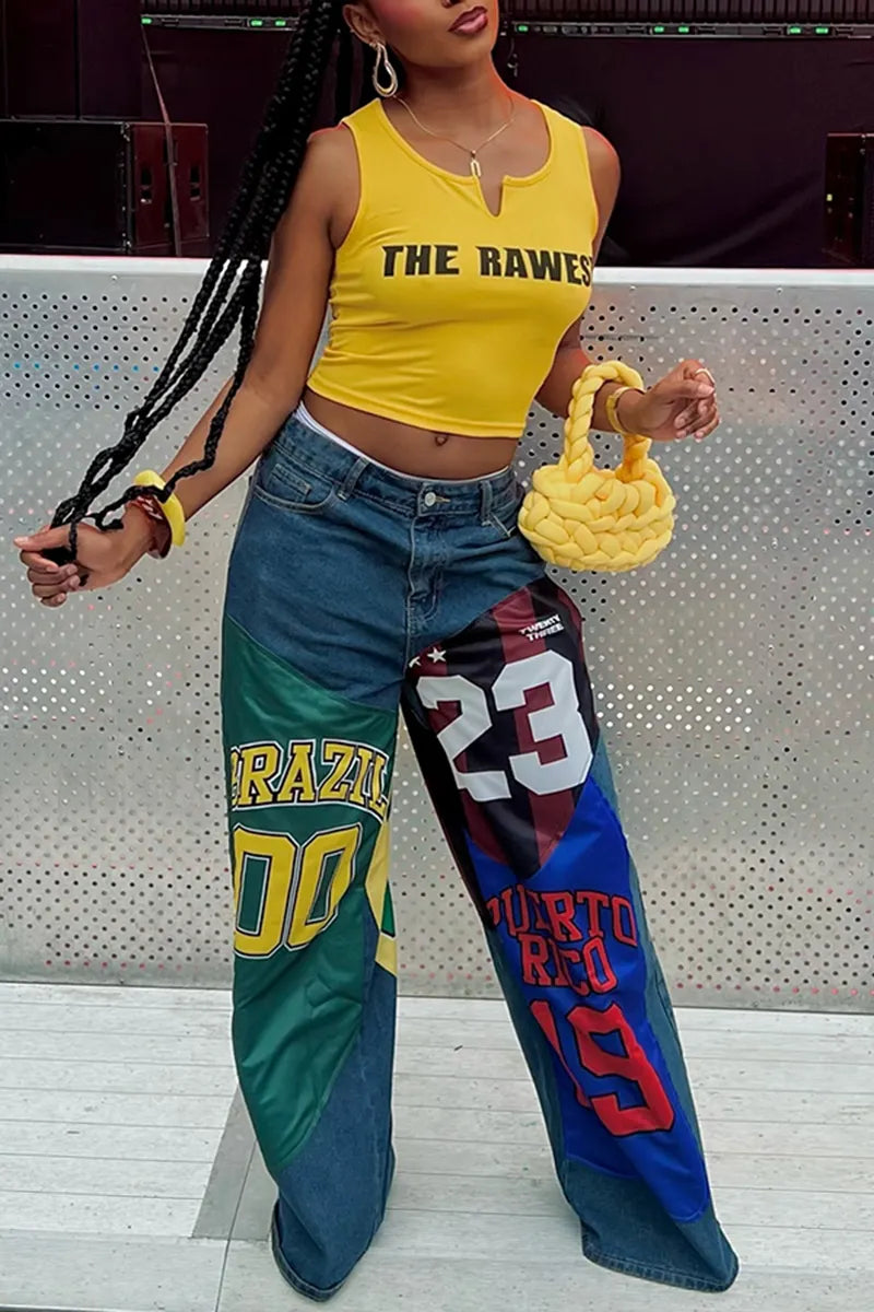 Women's Fashion Letter Print Color-Block Wide Leg Jeans