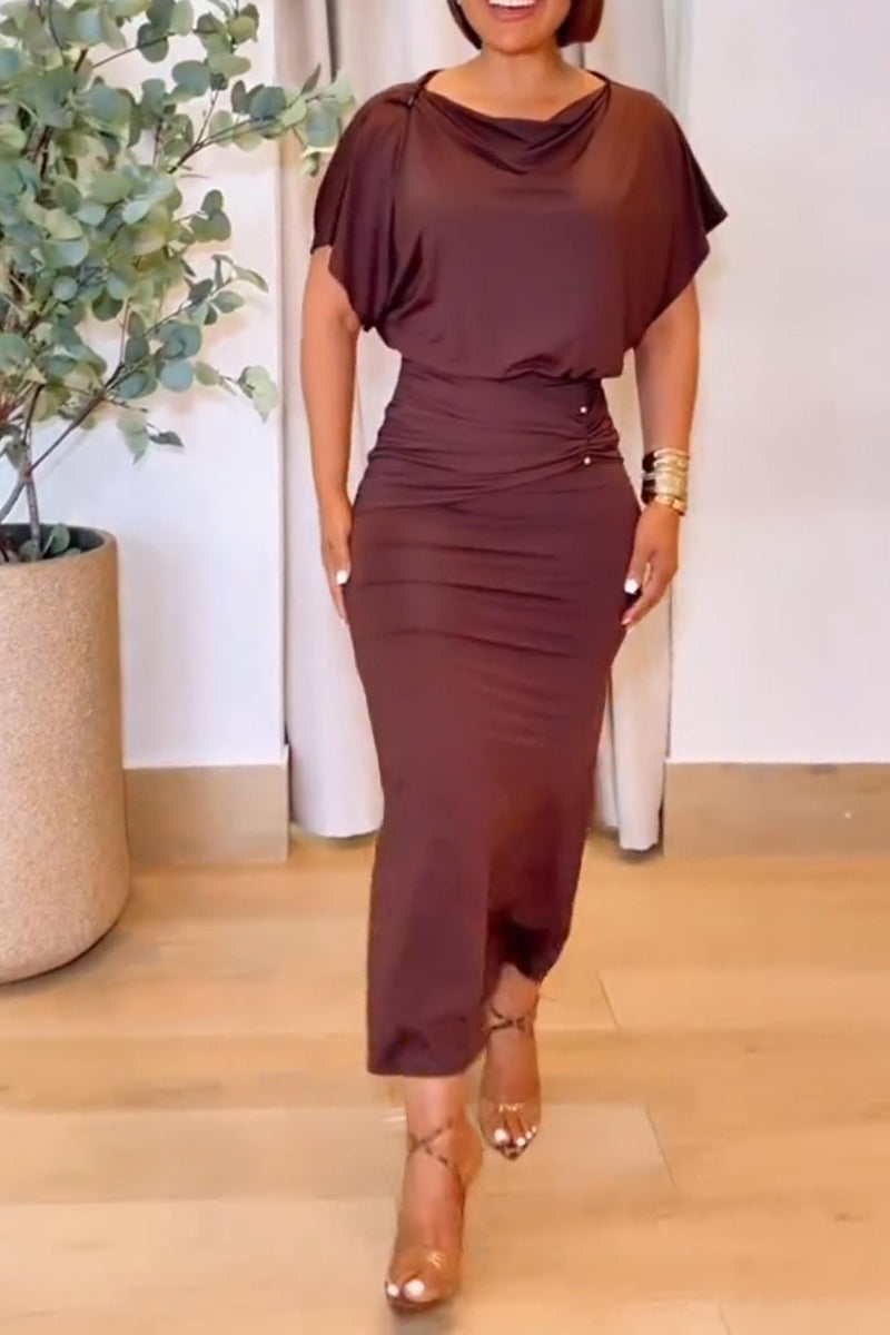 Women's Elegant Drape Neck Slim Hem Midi Dress
