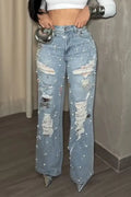 Women's Casual Washed Denim Jeans with Beading and Distressed Scratch Details